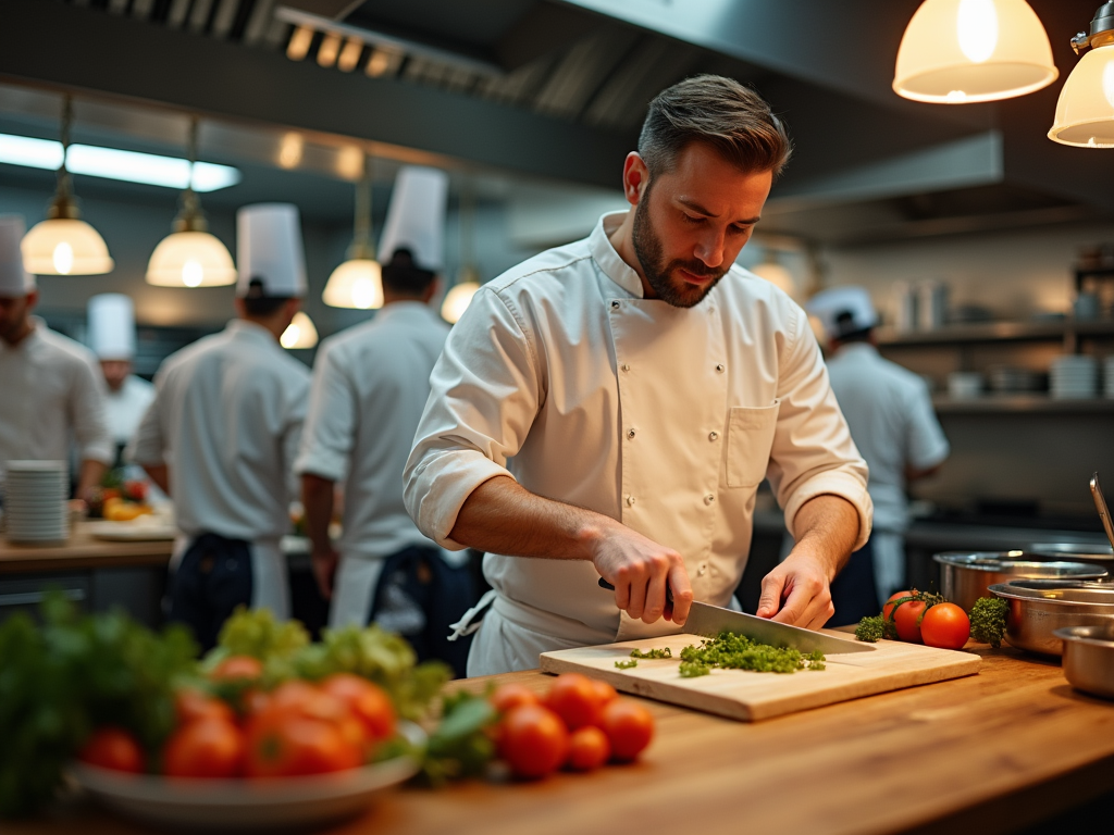 Szef kuchni sieka zieleninę, w tle inni kucharze pracują w restauracyjnej kuchni.