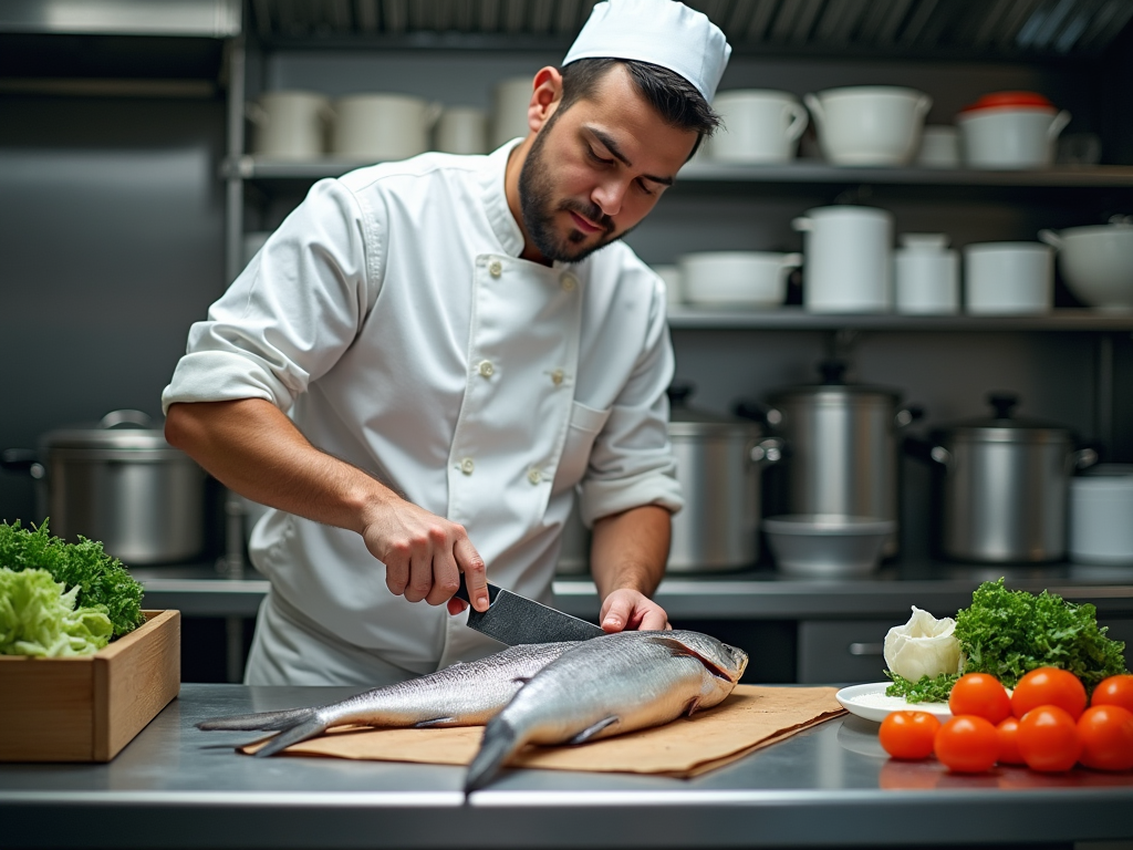 Szef kuchni w białym uniformie przygotowuje rybę na desce w kuchni restauracyjnej.